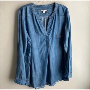 Chambray Longline Long Sleeve Pop Over Top XL